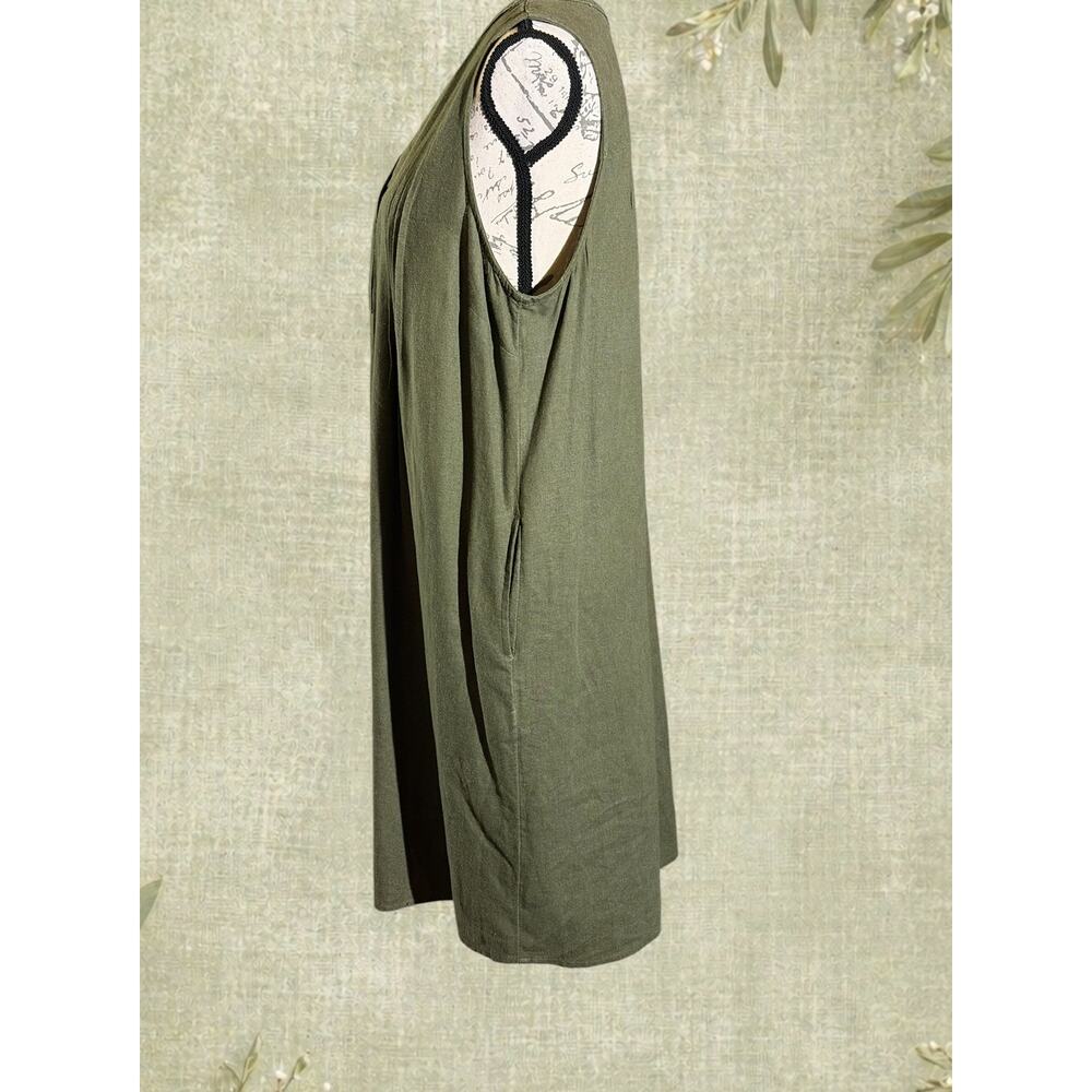 Sonoma Linen Blend Olive Sleeveless Dress L Pintuck Pockets Casual Artsy Midi - Picture 6 of 9